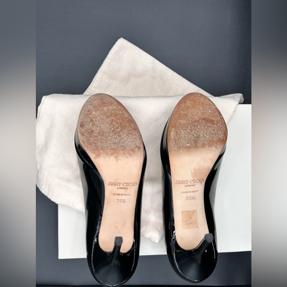 Jimmy Choo Classic Heels!! Luna Black Patent Leather Peep Toe 👠 - Picture 11 of 12